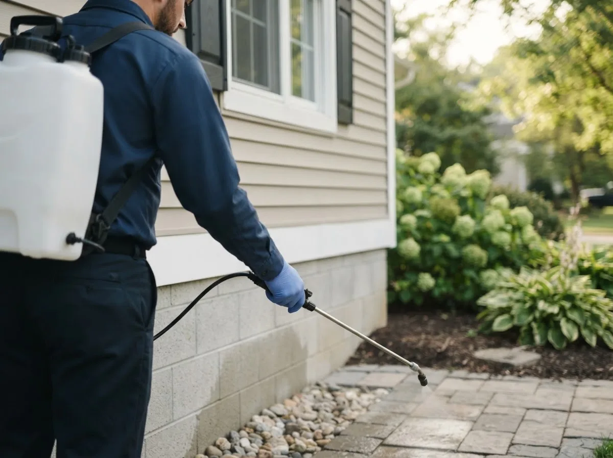 Pest control technician inspecting a home in Blockton, IA